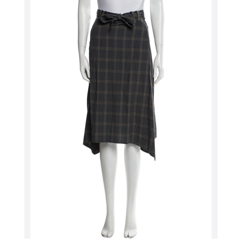 Scanlan Theodore Size US 2 Plaid‎ Draped Hem Skirt Midi Wool Blend Blue Brown